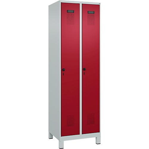 Kleiderspind C+P Evolo Plus, 2 Abteile, 300 mm breit, mit Füßen, Sicherheits-Drehriegel, B 600 x T 500 x H 1950 mm, lichtgrau/rubinrot