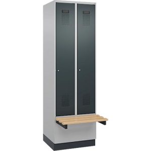 Kleiderspind C+P Evolo Plus, 2 Abteile à 300 mm Breite, Sockel, schwebende Sitzbank, B 600 x T 815 x H 1950 mm, Zylinder, weißaluminium/anthrazitgrau Kleiderspind C+P Evolo Plus, 2 Abteile à 300 mm Breite, Sockel, schwebende Sitzbank, B 600 x T 815 x H 1950 mm, Zylinder, weißaluminium/anthrazitgrau