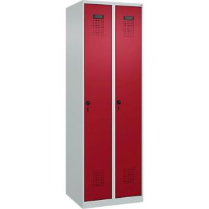 Kleiderspind C+P Evolo Plus, 2 Abteile, Anschlag rechts, Sicherheits-Drehriegel, Soft-Anschlag, B 600 x T 500 x H 1850 mm, lichtgrau/rubinrot Kleiderspind C+P Evolo Plus, 2 Abteile, Anschlag rechts, Sicherheits-Drehriegel, Soft-Anschlag, B 600 x T 500 x H 1850 mm, lichtgrau/rubinrot