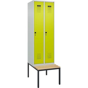 Kleiderspind C+P Evolo Plus, 2 Abteile mit je 300 mm Breite, Unterbau-Sitzbank, B 600 x T 815 x H 2120 mm, Drehriegel, lichtgrau/clowngrün Kleiderspind C+P Evolo Plus, 2 Abteile mit je 300 mm Breite, Unterbau-Sitzbank, B 600 x T 815 x H 2120 mm, Drehriegel, lichtgrau/clowngrün