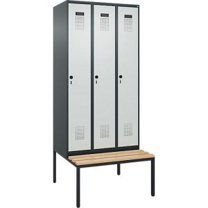 Kleiderspind C+P Evolo Plus, 3 Abteile, 300 mm Abteilbreite, mit untergebauter Sitzbank, B 900 x T 815 x H 2120 mm, Drehriegel, anthrazitgrau/lichtgrau Kleiderspind C+P Evolo Plus, 3 Abteile, 300 mm Abteilbreite, mit untergebauter Sitzbank, B 900 x T 815 x H 2120 mm, Drehriegel, anthrazitgrau/lichtgrau