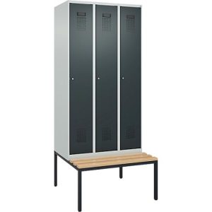 Kleiderspind C+P Evolo Plus, 3 Abteile, 300 mm Abteilbreite, mit untergebauter Sitzbank, B 900 x T 815 x H 2120 mm, Zylinder, lichtgrau/anthrazitgrau Kleiderspind C+P Evolo Plus, 3 Abteile, 300 mm Abteilbreite, mit untergebauter Sitzbank, B 900 x T 815 x H 2120 mm, Zylinder, lichtgrau/anthrazitgrau