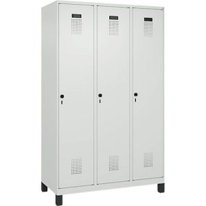 Kleiderspind C+P Evolo Plus, 3 Abteile, 400 mm Abteilbreite, mit Füßen, Anschlag rechts, B 1200 x T 500 x H 1950 mm, Drehriegel, lichtgrau/lichtgrau Kleiderspind C+P Evolo Plus, 3 Abteile, 400 mm Abteilbreite, mit Füßen, Anschlag rechts, B 1200 x T 500 x H 1950 mm, Drehriegel, lichtgrau/lichtgrau
