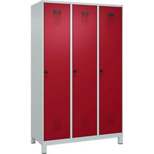 Kleiderspind C+P Evolo Plus, 3 Abteile, 400 mm Abteilbreite, mit Füßen, Anschlag rechts, B 1200 x T 500 x H 1950 mm, Drehriegel, lichtgrau/rubinrot Kleiderspind C+P Evolo Plus, 3 Abteile, 400 mm Abteilbreite, mit Füßen, Anschlag rechts, B 1200 x T 500 x H 1950 mm, Drehriegel, lichtgrau/rubinrot