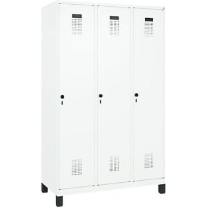 Kleiderspind C+P Evolo Plus, 3 Abteile, 400 mm Abteilbreite, mit Füßen, Anschlag rechts, B 1200 x T 500 x H 1950 mm, Drehriegel, verkehrsweiß/verkehrsweiß Kleiderspind C+P Evolo Plus, 3 Abteile, 400 mm Abteilbreite, mit Füßen, Anschlag rechts, B 1200 x T 500 x H 1950 mm, Drehriegel, verkehrsweiß/verkehrsweiß
