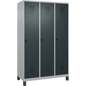 Kleiderspind C+P Evolo Plus, 3 Abteile, 400 mm Abteilbreite, mit Füßen, Anschlag rechts, B 1200 x T 500 x H 1950 mm, Drehriegel, weißaluminium/anthrazitgrau Kleiderspind C+P Evolo Plus, 3 Abteile, 400 mm Abteilbreite, mit Füßen, Anschlag rechts, B 1200 x T 500 x H 1950 mm, Drehriegel, weißaluminium/anthrazitgrau