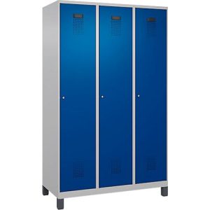 Kleiderspind C+P Evolo Plus, 3 Abteile, 400 mm Abteilbreite, mit Füßen, Anschlag rechts, B 1200 x T 500 x H 1950 mm, Zylinder, weißaluminium/enzianblau Kleiderspind C+P Evolo Plus, 3 Abteile, 400 mm Abteilbreite, mit Füßen, Anschlag rechts, B 1200 x T 500 x H 1950 mm, Zylinder, weißaluminium/enzianblau