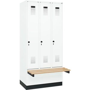 Kleiderspind C+P Evolo Plus, 3 Abteile à 300 mm Breite, Sockel, schwebende Sitzbank, B 900 x T 815 x H 1950 mm, Drehriegel, verkehrsweiß/verkehrsweiß Kleiderspind C+P Evolo Plus, 3 Abteile à 300 mm Breite, Sockel, schwebende Sitzbank, B 900 x T 815 x H 1950 mm, Drehriegel, verkehrsweiß/verkehrsweiß
