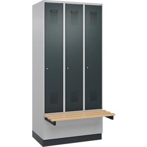Kleiderspind C+P Evolo Plus, 3 Abteile à 300 mm Breite, Sockel, schwebende Sitzbank, B 900 x T 815 x H 1950 mm, Zylinder, weißaluminium/anthrazitgrau Kleiderspind C+P Evolo Plus, 3 Abteile à 300 mm Breite, Sockel, schwebende Sitzbank, B 900 x T 815 x H 1950 mm, Zylinder, weißaluminium/anthrazitgrau