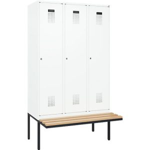 Kleiderspind C+P Evolo Plus, 3 Abteile à 400 mm Breite, schwebende Sitzbank, B 1200 x T 815 x H 2120 mm, Zylinder, verkehrsweiß/verkehrsweiß Kleiderspind C+P Evolo Plus, 3 Abteile à 400 mm Breite, schwebende Sitzbank, B 1200 x T 815 x H 2120 mm, Zylinder, verkehrsweiß/verkehrsweiß