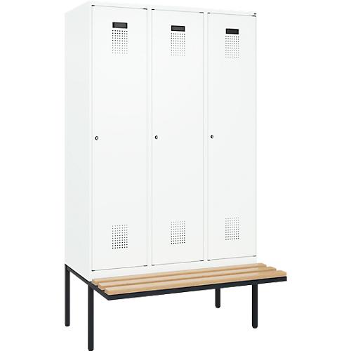 Kleiderspind C+P Evolo Plus, 3 Abteile à 400 mm Breite, schwebende Sitzbank, B 1200 x T 815 x H 2120 mm, Zylinder, verkehrsweiß/verkehrsweiß