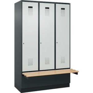 Kleiderspind C+P Evolo Plus, 3 Abteile à 400 mm Breite, Sockel, schwebende Sitzbank, B 1200 x T 815 x H 1950 mm, Zylinder, anthrazitgrau/lichtgrau Kleiderspind C+P Evolo Plus, 3 Abteile à 400 mm Breite, Sockel, schwebende Sitzbank, B 1200 x T 815 x H 1950 mm, Zylinder, anthrazitgrau/lichtgrau
