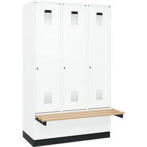 Kleiderspind C+P Evolo Plus, 3 Abteile à 400 mm Breite, Sockel, schwebende Sitzbank, B 1200 x T 815 x H 1950 mm, Zylinder, verkehrsweiß/verkehrsweiß Kleiderspind C+P Evolo Plus, 3 Abteile à 400 mm Breite, Sockel, schwebende Sitzbank, B 1200 x T 815 x H 1950 mm, Zylinder, verkehrsweiß/verkehrsweiß