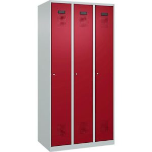 Kleiderspind C+P Evolo Plus, 3 Abteile, Anschlag rechts, Zylinderschloss, B 900 x T 500 x H 1850 mm, lichtgrau/rubinrot Kleiderspind C+P Evolo Plus, 3 Abteile, Anschlag rechts, Zylinderschloss, B 900 x T 500 x H 1850 mm, lichtgrau/rubinrot