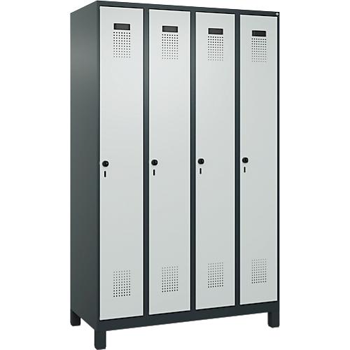 Kleiderspind C+P Evolo Plus, 4 Abteile, 300 mm Abteilbreite, mit Füßen, Anschlag rechts, Drehriegel, B 1200 x T 500 x H 1950 mm, anthrazitgrau/lichtgrau