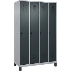 Kleiderspind C+P Evolo Plus, 4 Abteile, 300 mm Abteilbreite, mit Füßen, Anschlag rechts, Drehriegel, B 1200 x T 500 x H 1950 mm, weißaluminium/anthrazitgrau Kleiderspind C+P Evolo Plus, 4 Abteile, 300 mm Abteilbreite, mit Füßen, Anschlag rechts, Drehriegel, B 1200 x T 500 x H 1950 mm, weißaluminium/anthrazitgrau