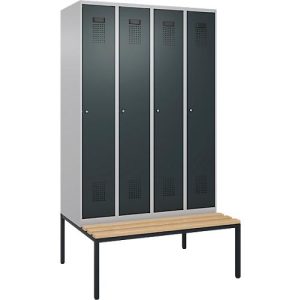 Kleiderspind C+P Evolo Plus, 4 Abteile, 300 mm Abteilbreite, mit untergebauter Sitzbank, B 1200 x T 815 x H 2120 mm, Zylinder, weißaluminium/anthrazitgrau Kleiderspind C+P Evolo Plus, 4 Abteile, 300 mm Abteilbreite, mit untergebauter Sitzbank, B 1200 x T 815 x H 2120 mm, Zylinder, weißaluminium/anthrazitgrau