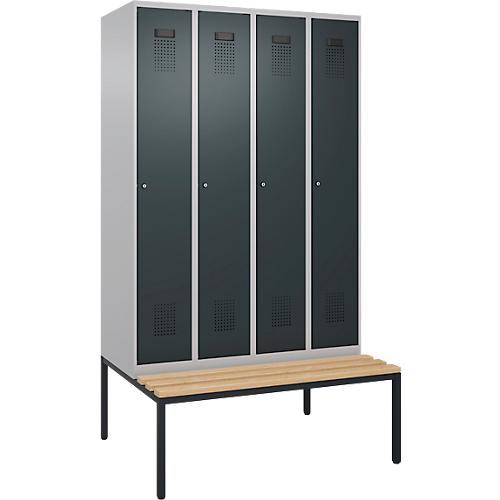 Kleiderspind C+P Evolo Plus, 4 Abteile, 300 mm Abteilbreite, mit untergebauter Sitzbank, B 1200 x T 815 x H 2120 mm, Zylinder, weißaluminium/anthrazitgrau