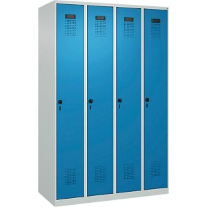 Kleiderspind C+P Evolo Plus, 4 Abteile, Anschlag rechts, Sicherheits-Drehriegel, B 1200 x T 500 x H 1850 mm, lichtgrau/lichtblau Kleiderspind C+P Evolo Plus, 4 Abteile, Anschlag rechts, Sicherheits-Drehriegel, B 1200 x T 500 x H 1850 mm, lichtgrau/lichtblau
