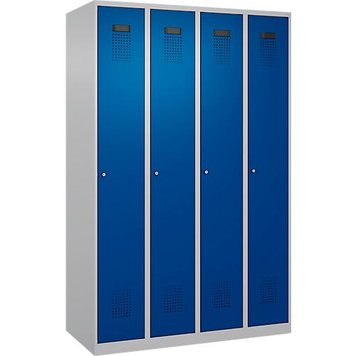 Kleiderspind C+P Evolo Plus, 4 Abteile, Anschlag rechts, Zylinderschloss, Soft-Anschlag, B 1200 x T 500 x H 1850 mm, weißaluminium/enzianblau
