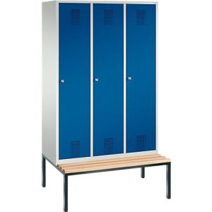 Kleiderspind Evolo S 3000, untergebaute Sitzbank, 3 Abteile, Stahl, Zylinderschloss, lichtgrau/enzianblau Kleiderspind Evolo S 3000, untergebaute Sitzbank, 3 Abteile, Stahl, Zylinderschloss, lichtgrau/enzianblau