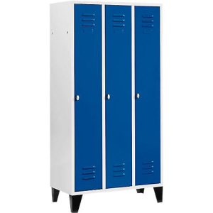 Kleiderspind mit 3 Abteilen, 300 mm, Drehriegelverschluss, mit Füßen, Tür enzianblau Kleiderspind mit 3 Abteilen, 300 mm, Drehriegelverschluss, mit Füßen, Tür enzianblau