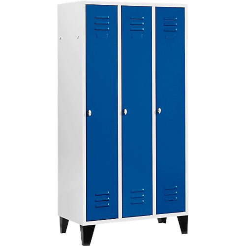 Kleiderspind mit 3 Abteilen, 300 mm, Drehriegelverschluss, mit Füßen, Tür enzianblau