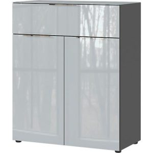 Kommode, mit 1 Schublade und 2 Türen, Glasfront- und auflage, B 830 x T 420 x H 1020 mm, graphit/silbergrau Kommode, mit 1 Schublade und 2 Türen, Glasfront- und auflage, B 830 x T 420 x H 1020 mm, graphit/silbergrau
