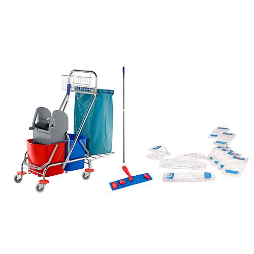 Komplett-Set Doppelfahrwagen, 2 x 17 L Eimer, Kunststoffpresse, 10 Wischbezüge
