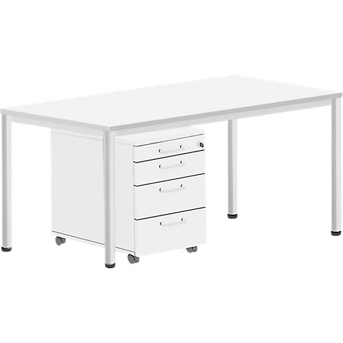 Komplettset BEXXSTAR, Schreibtisch 1600 mm breit Rollcontainer, Rundrohrfuß, weiß