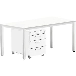 Komplettset BEXXSTAR, Schreibtisch 1600 mm breit und Rollcontainer, Quadratrohrfuß, weiß Komplettset BEXXSTAR, Schreibtisch 1600 mm breit und Rollcontainer, Quadratrohrfuß, weiß
