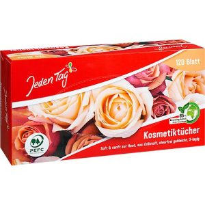Kosmetiktücher ‚Jeden Tag‘, 120 Stück, 3-lagig, im Spenderkarton, Holzzellstoff, chlorfrei gebleicht, weiß