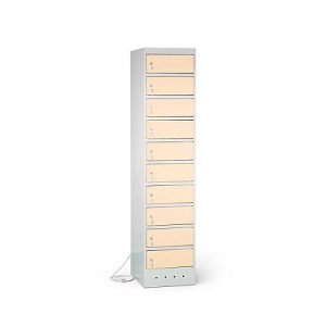 Laptopschrank mit Ladefunktion, 10 Abteile mit Zylinderschloss, Stahlblech lichtgrau RAL 7035/h.elfenbein RAL 1015 Laptopschrank mit Ladefunktion, 10 Abteile mit Zylinderschloss, Stahlblech lichtgrau RAL 7035/h.elfenbein RAL 1015