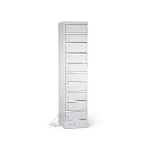 Laptopschrank mit Ladefunktion, 10 Abteile mit Zylinderschloss, Stahlblech lichtgrau RAL 7035/ lichtgrau RAL 7035 Laptopschrank mit Ladefunktion, 10 Abteile mit Zylinderschloss, Stahlblech lichtgrau RAL 7035/ lichtgrau RAL 7035