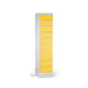 Laptopschrank mit Ladefunktion, 10 Abteile mit Zylinderschloss, Stahlblech lichtgrau RAL 7035/verk.gelb RAL 1023 Laptopschrank mit Ladefunktion, 10 Abteile mit Zylinderschloss, Stahlblech lichtgrau RAL 7035/verk.gelb RAL 1023