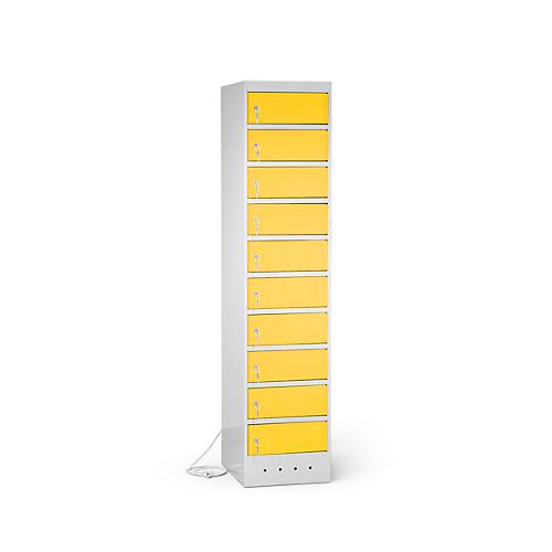 Laptopschrank mit Ladefunktion, 10 Abteile mit Zylinderschloss, Stahlblech lichtgrau RAL 7035/verk.gelb RAL 1023