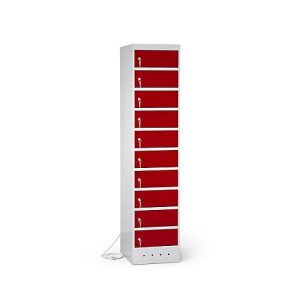 Laptopschrank mit Ladefunktion, 10 Abteile mit Zylinderschloss, Stahlblech lichtgrau RAL 7035/weinrot RAL 3005 Laptopschrank mit Ladefunktion, 10 Abteile mit Zylinderschloss, Stahlblech lichtgrau RAL 7035/weinrot RAL 3005