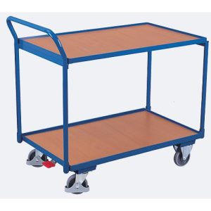 Leichter Tischwagen, Stahl/MDF-Platte, Enzianblau/Buche-Dekor, 2 Etagen, L 835 x B 505 mm, TPE-Rollen mit EasySTOP, bis 250 kg Leichter Tischwagen, Stahl/MDF-Platte, Enzianblau/Buche-Dekor, 2 Etagen, L 835 x B 505 mm, TPE-Rollen mit EasySTOP, bis 250 kg