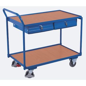 Leichter Tischwagen, Stahl/MDF-Platte, Enzianblau/Buche-Dekor, 2 Etagen, L 985 x B 605 mm, 2 Schubladen, TPE-Rollen mit EasySTOP, bis 250 kg Leichter Tischwagen, Stahl/MDF-Platte, Enzianblau/Buche-Dekor, 2 Etagen, L 985 x B 605 mm, 2 Schubladen, TPE-Rollen mit EasySTOP, bis 250 kg