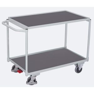 Leichter Tischwagen, Stahl/MDF-Platte, Lichtgrau/Dunkelgrau, 2 Etagen, L 985 x B 605 mm, TPE-Rollen mit EasySTOP, bis 250 kg Leichter Tischwagen, Stahl/MDF-Platte, Lichtgrau/Dunkelgrau, 2 Etagen, L 985 x B 605 mm, TPE-Rollen mit EasySTOP, bis 250 kg