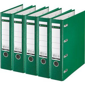 LEITZ® Doppelordner 1012, 2 x A5, Rückenbreite 75 mm, Präzisions-Hebelmechanik, Sichttasche für Rückenschild, Griffloch, Polypropylen, grün, 5 Stück