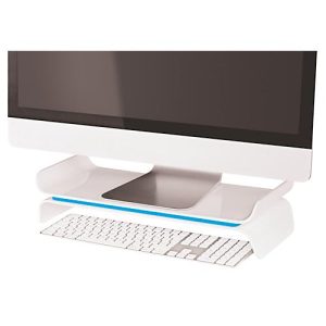 Leitz® Ergo WOW Monitorständer, ergonomisch, für Monitore bis 27 ″, 2-stufig höhenverstellbar mit Stauraum für Tastatur, B 209 x H 112 mm, weiß/blau Leitz® Ergo WOW Monitorständer, ergonomisch, für Monitore bis 27 ″, 2-stufig höhenverstellbar mit Stauraum für Tastatur, B 209 x H 112 mm, weiß/blau