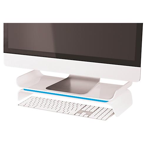 Leitz® Ergo WOW Monitorständer, ergonomisch, für Monitore bis 27 ″, 2-stufig höhenverstellbar mit Stauraum für Tastatur, B 209 x H 112 mm, weiß/blau