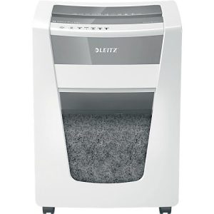 Leitz IQ Office Pro Aktenvernichter P5+, Super-Mikroschnitt 2 x 5 mm, 30 l, 7 Blatt Schnittleistung, Anti-Papierstau-Technologie, mit Rollen, weiß