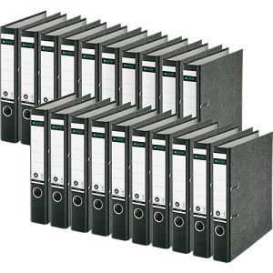 LEITZ® Ordner 1050, DIN A4, Rückenbreite 52 mm, Griffloch, geklebtes Rückenschild, Hartpappe, 20 Stück, schwarz