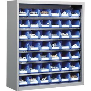 Magazinregal, 830 mm hoch, mit 6 Böden, inkl. 42 Kästen, hellsilber