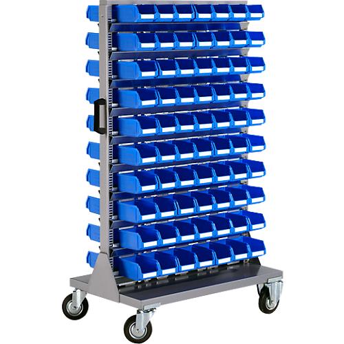Mobiles Kleinteilemagazin, 2-seitig bestückbar, inkl. 140 blauen Sichtlagerkästen LF 211, B 825 x T 550 x H 1450 mm, Stahl, grau