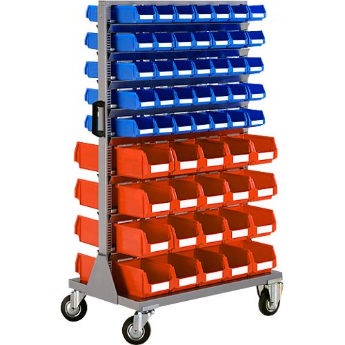 Mobiles Kleinteilemagazin Schäfer Shop Select, 2-seitig bestückbar, inkl. 40 Sichtlagerkästen LF 221 & 70 Sichtlagerkästen LF 211, B 825 x T 550 x H 1450 mm, Stahl, grau