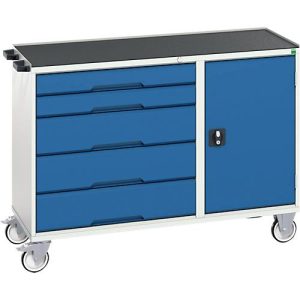 Montagewagen Bott verso, fahrbar, 5 Schübe, bis 50 kg je Schub, Vollauszug, B 1300 x T 550 x H 965 mm, Tür & Abrollrand, Stahlblech, Grau-Blau Montagewagen Bott verso, fahrbar, 5 Schübe, bis 50 kg je Schub, Vollauszug, B 1300 x T 550 x H 965 mm, Tür & Abrollrand, Stahlblech, Grau-Blau