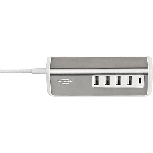 Multiladegerät brennenstuhl®estilo, für bis zu 5 Geräte, Schnellladefunktion, 1,5 m Textil-Kabel, 1x USB-C, 4x USB-Ladebuchse, Edelstahloberfläche, weiß